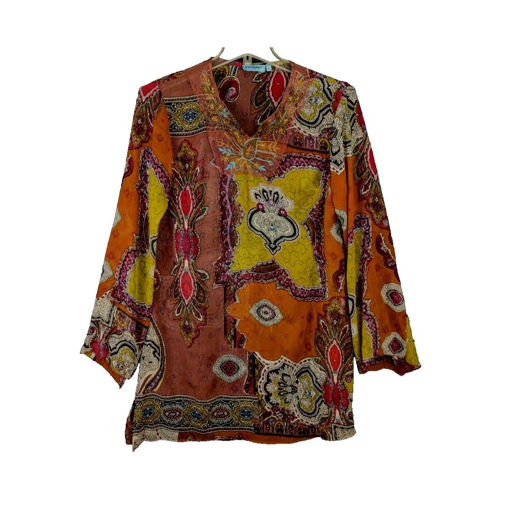 Positano By Jean Paul Women's Size LG Sheer Beaded Pullover Tunic Top